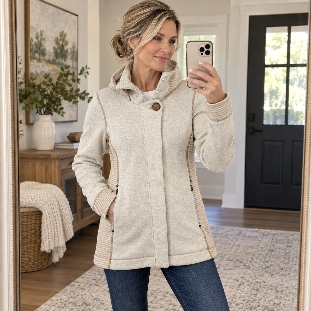 prAna Kari Jacket Women's S Cream Wool Blend Hooded Zip Pockets Striped